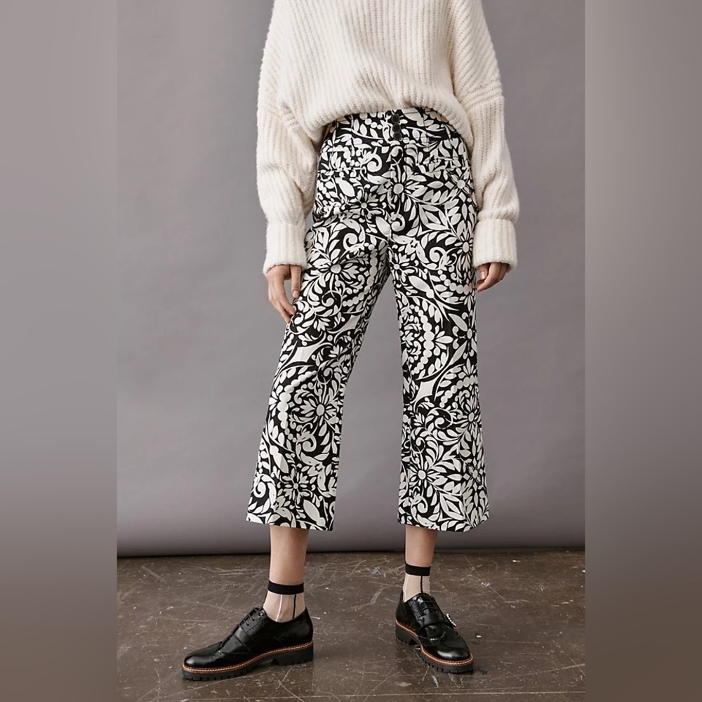Anthropologie Maeve Wide Leg Olive Cropped Pants Sz 8 Black White